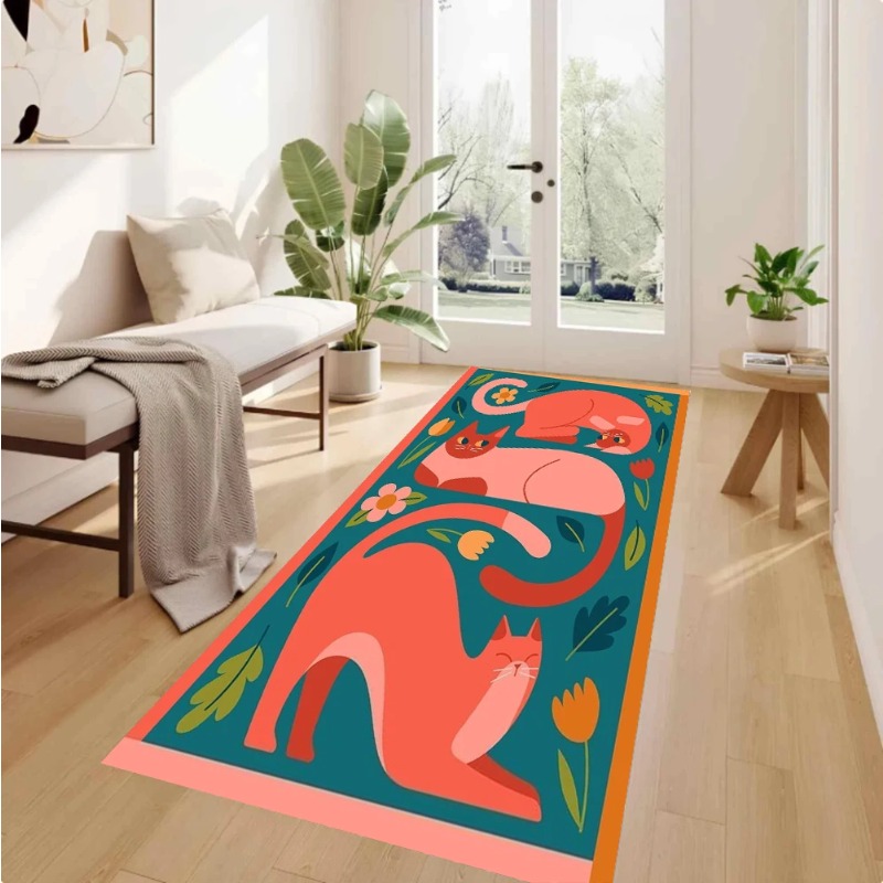 Commercial Kitchen Background - Retro Renk Bloklu Kırmızı Kedi Çiçekli
